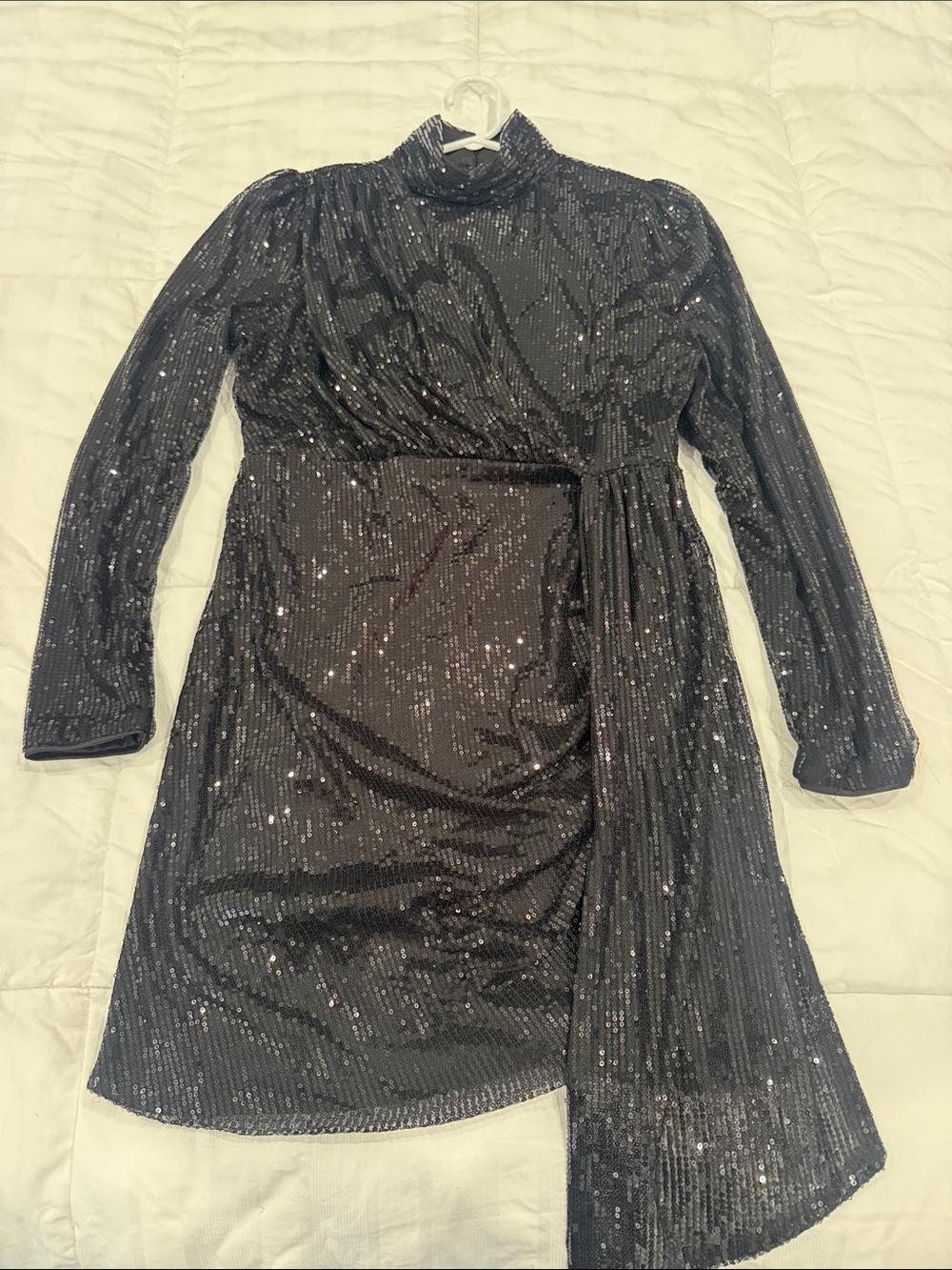 Lena Black Sequin High-Neck Long Sleeve Wrap Dress
